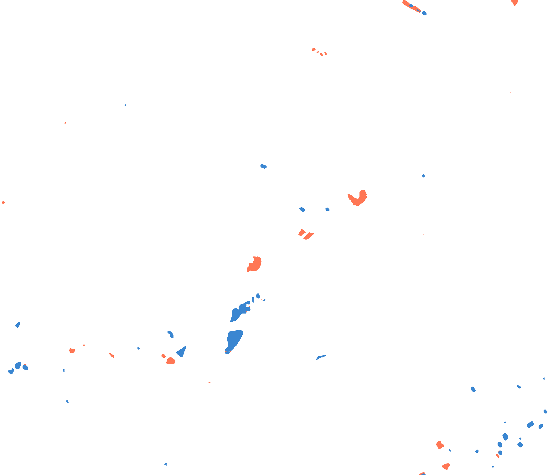 U-Net v1 classes for the same area, flood in coral and permanent water in blue, with the CEMS outlines.